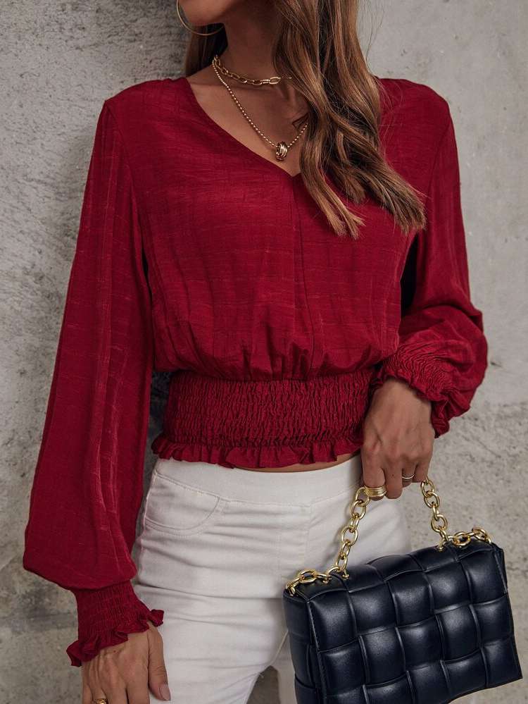 Elegant Shirred V neck Burgundy Women Tops, Blouses  Tee 8133