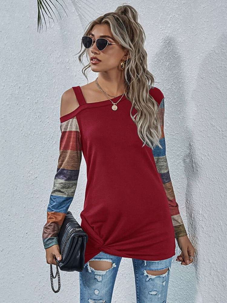 Colorblock Twist Burgundy Women Tops, Blouses  Tee 1375