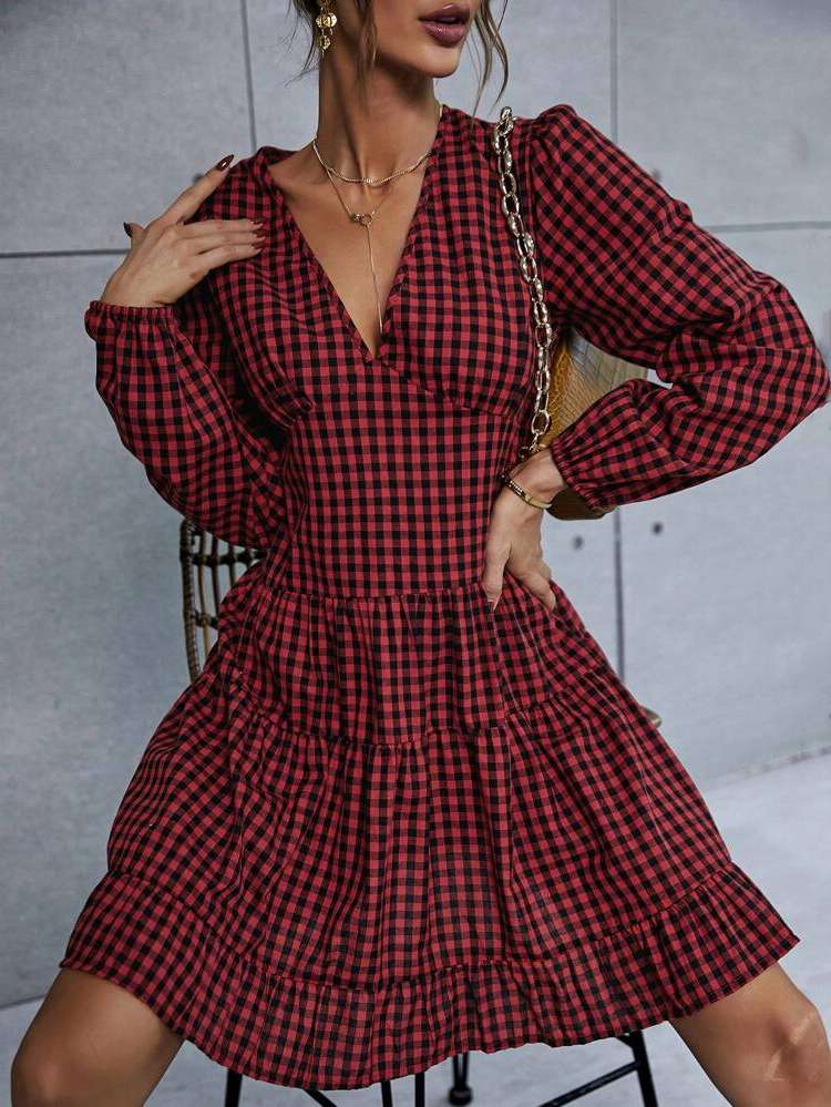  Long Sleeve Gingham Women Dresses 862