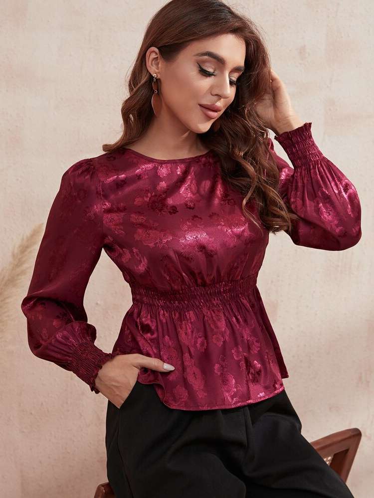 Regular Fit Burgundy Round Neck Shirred Women Blouses 3736