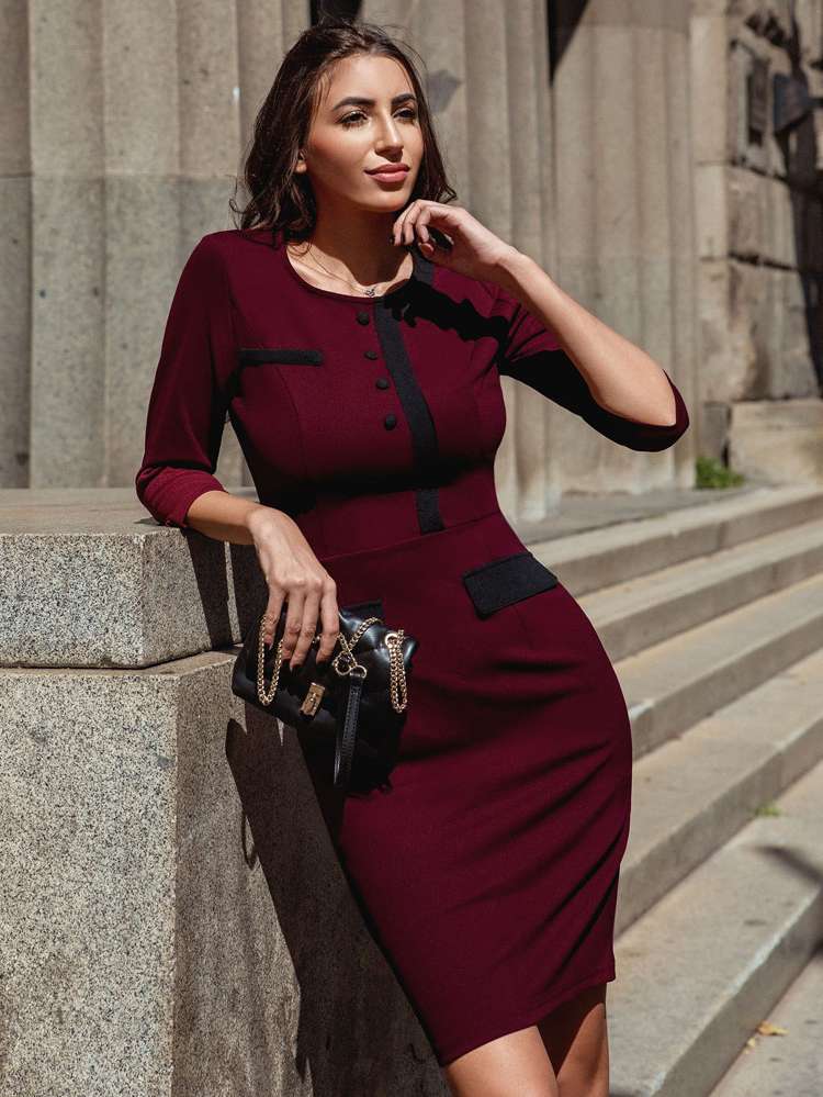 Elegant Three Quarter Length Sleeve Round Neck Plain Women Dresses 7583