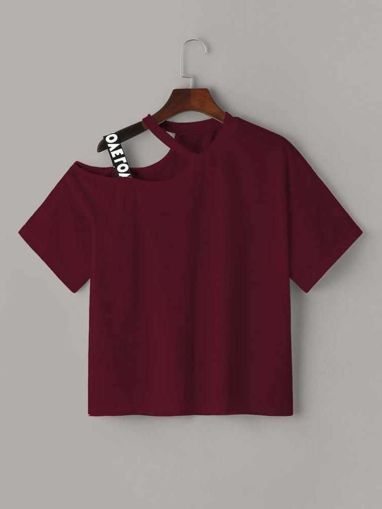 Letter Casual Regular Burgundy Women T-Shirts 6140