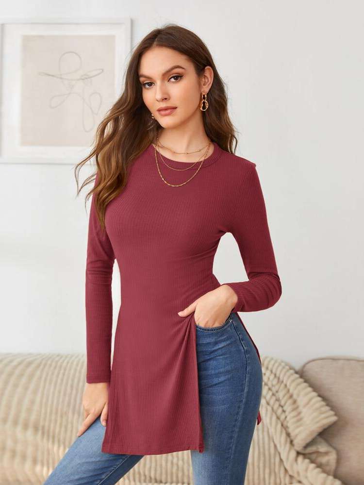 Elegant Round Neck Split Women T-Shirts 9452