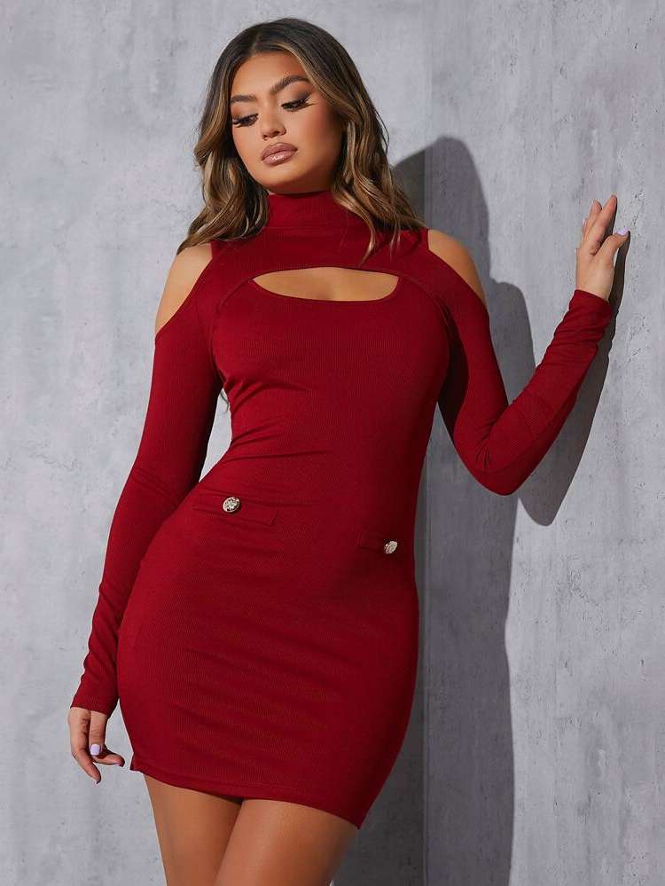 Burgundy Plain Slim Fit Long Sleeve Women Clothing 619