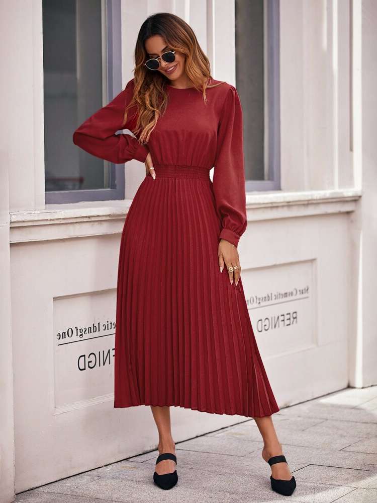 Pleated Long Plain Long Sleeve Women Clothing 5935