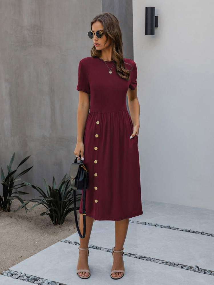  Midi Fake Buttons Plain Women Dresses 4881