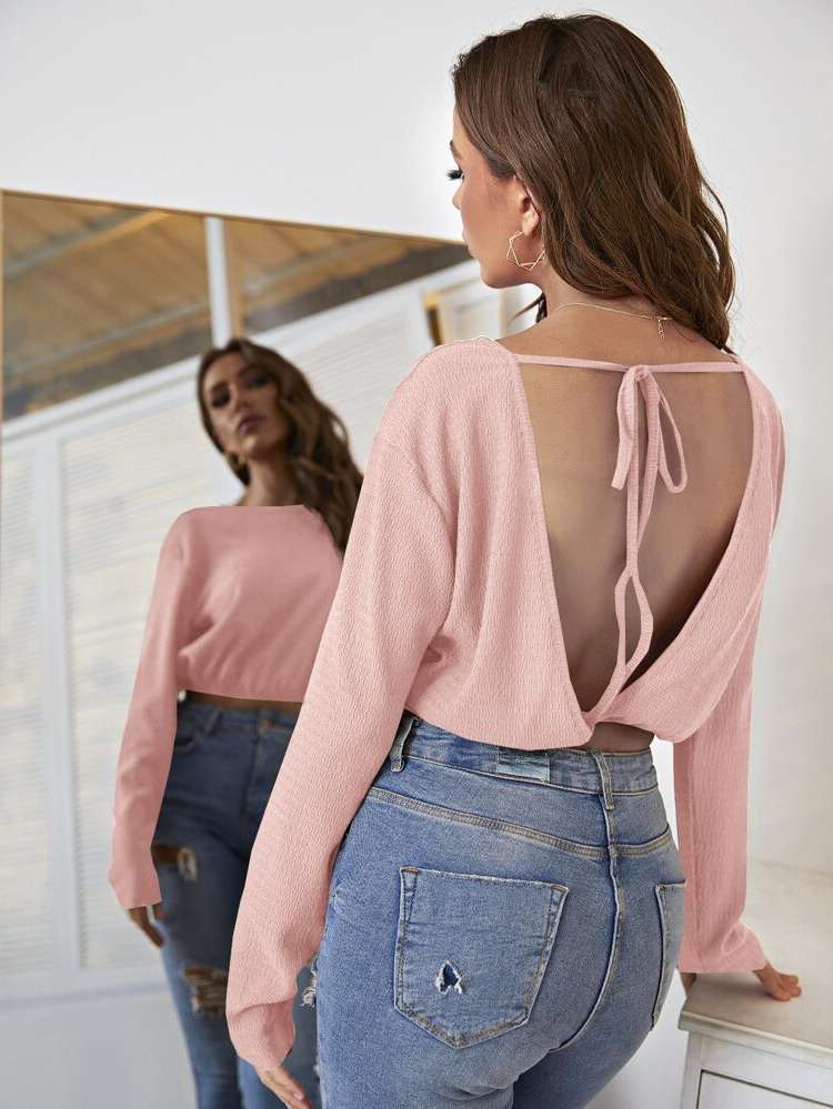 Sexy Backless Plain Crop Women Blouses 8943