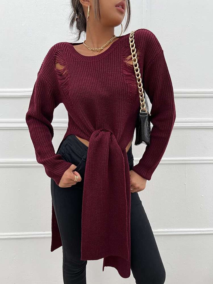 Long Elegant Long Sleeve Burgundy Women Knitwear 796