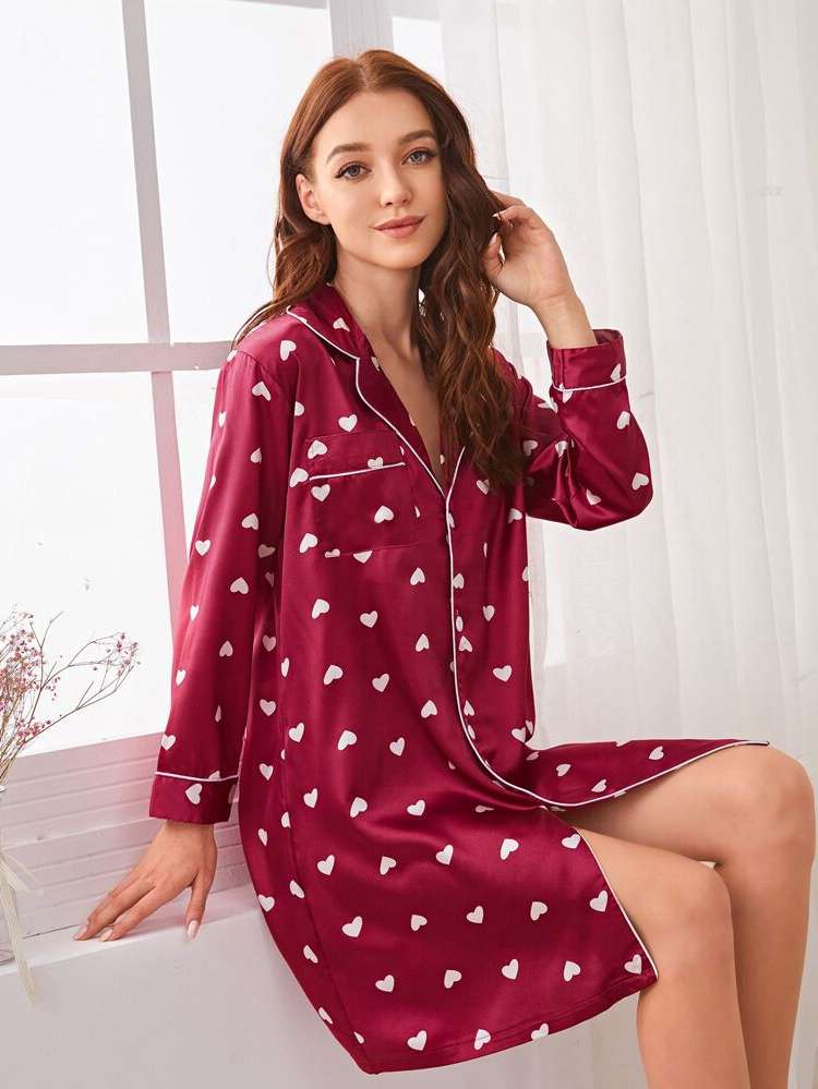 Heart Elegant Burgundy Button Women Nightgowns  Sleepshirts 6246