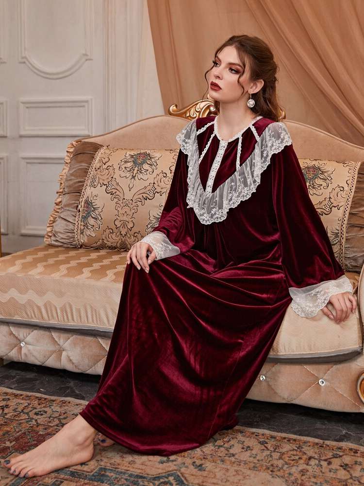 Burgundy Royal Round Neck Women Nightgowns  Sleepshirts 5010