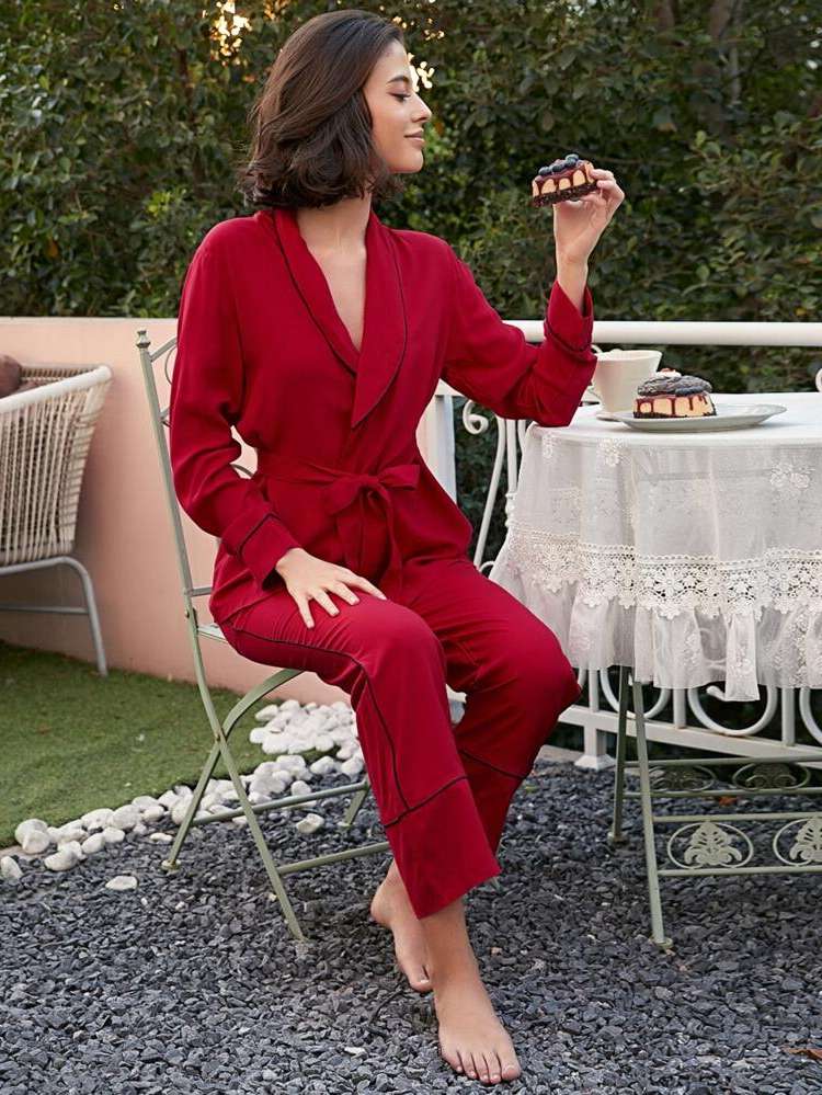  Shawl Collar Belted Women Pajama Sets 768