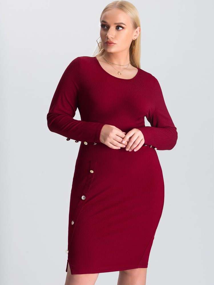 Long Sleeve Plain Elegant Slim Fit Plus Size Dresses 6546