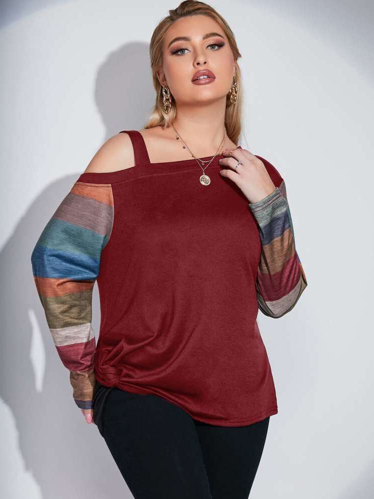 Asymmetrical Neck Regular Fit Colorblock Regular Plus Size T-shirts 712