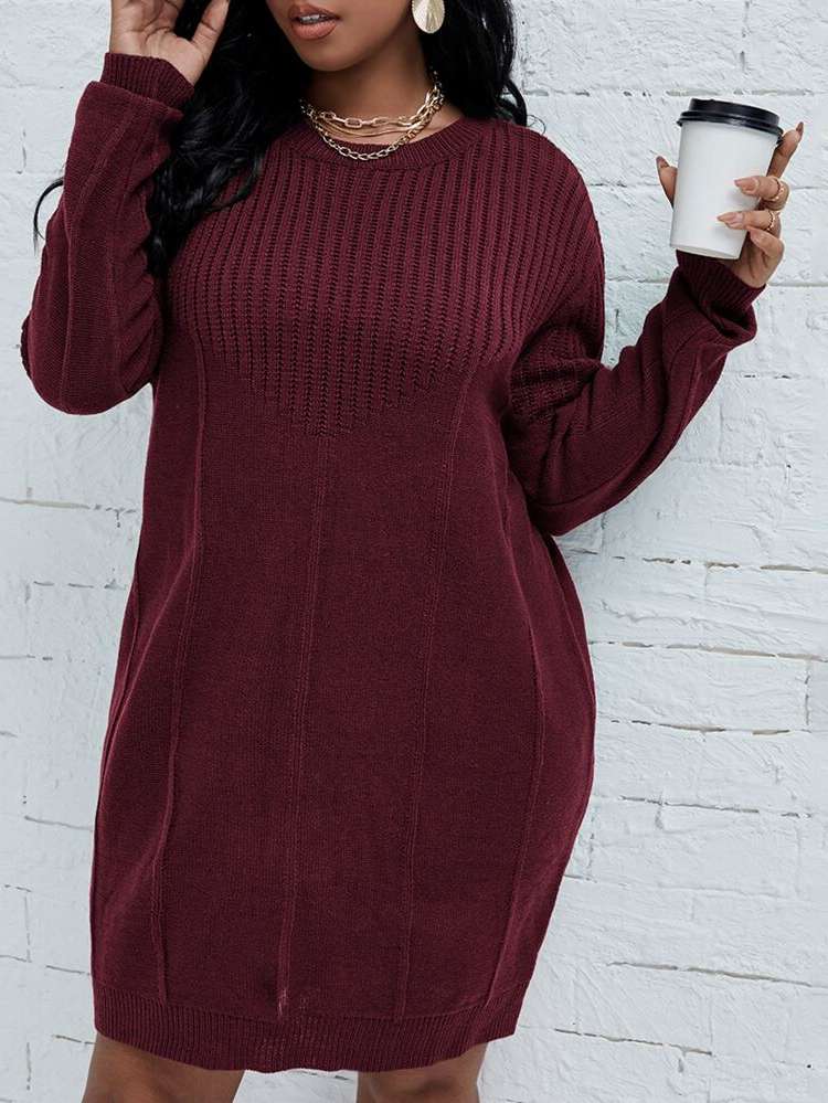 Regular Fit  Long Sleeve Plus Size Sweater Dresses 7664