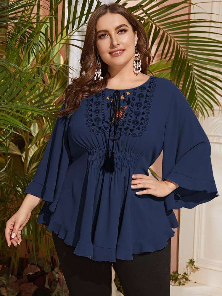 Boho Round Neck Fringe Long Plus Size Blouses 320