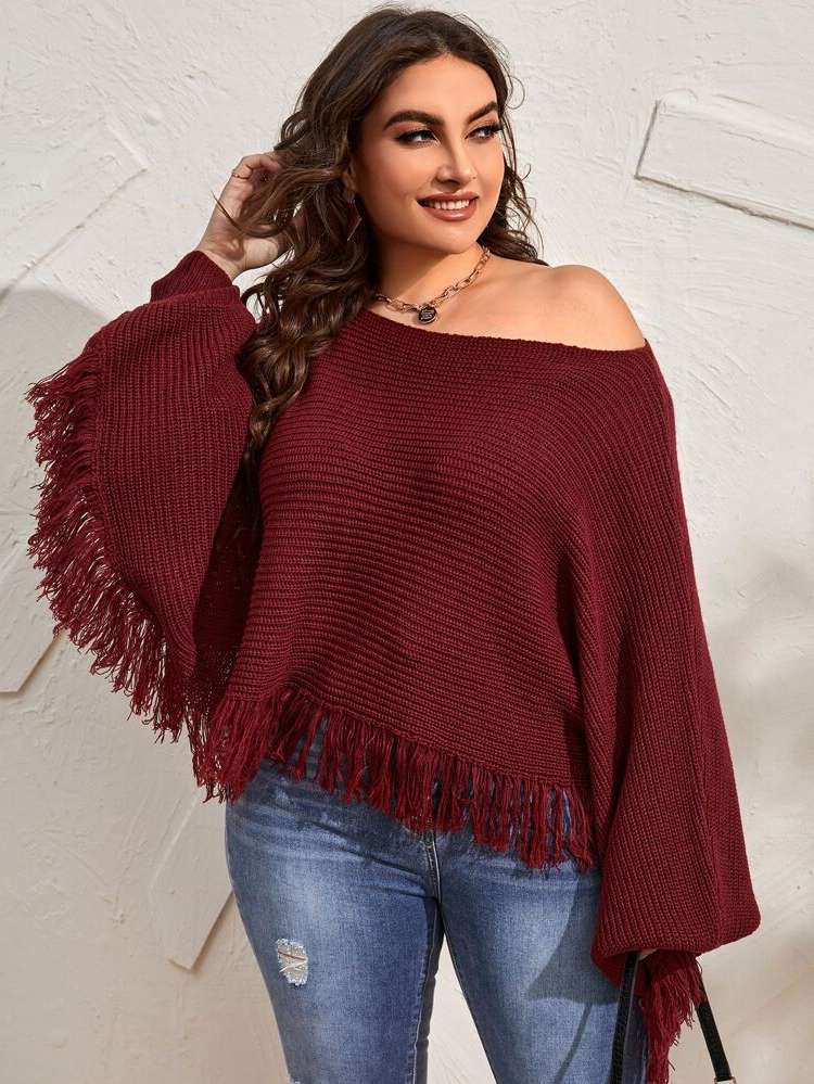  Fringe Casual Burgundy Plus Size Knitwear 2086