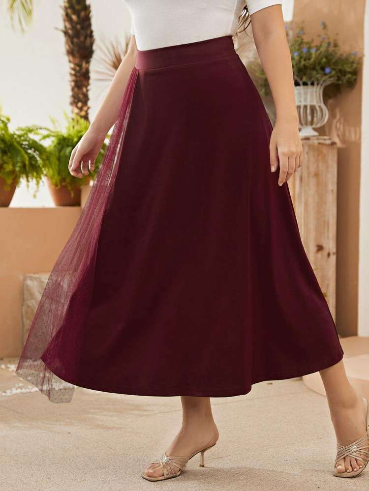 Burgundy Maxi Contrast Mesh Plain Women Plus Clothing 642