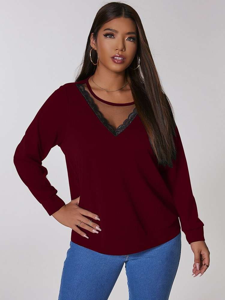  Contrast Lace Regular Fit Long Sleeve Plus Size Sweatshirts 705