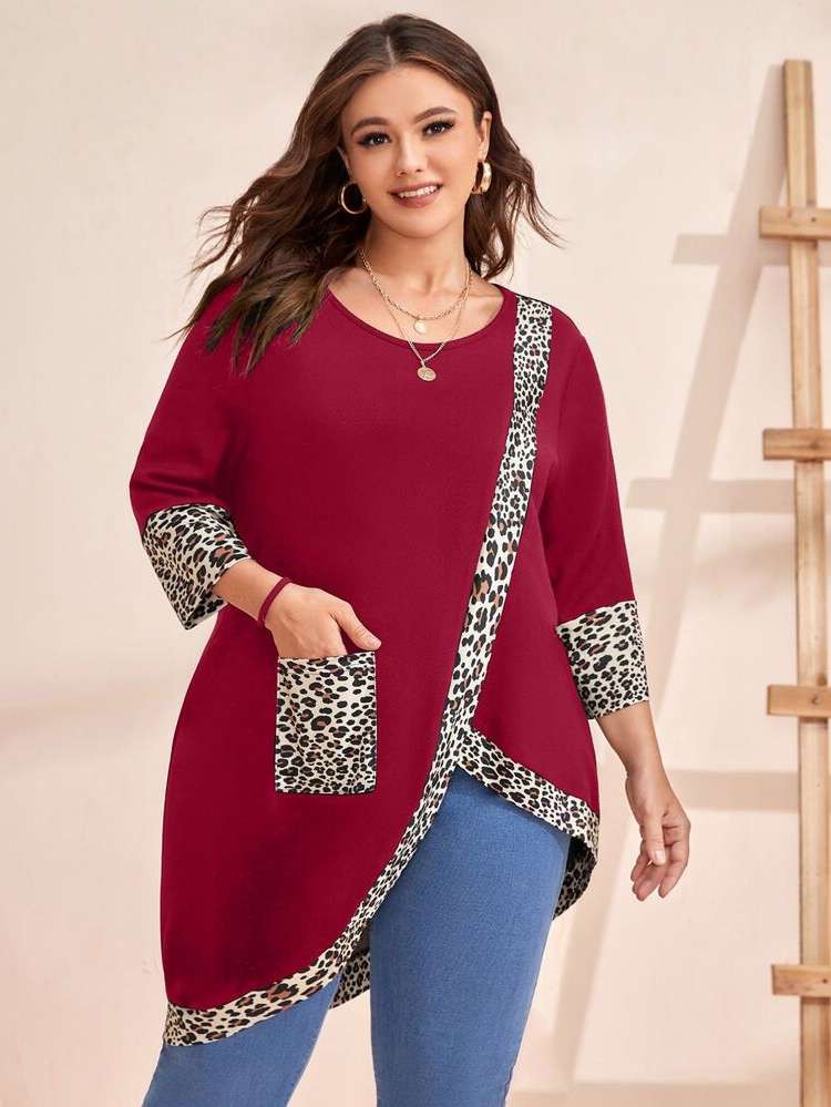 Leopard Round Neck Casual Burgundy Women Plus Clothing 1581