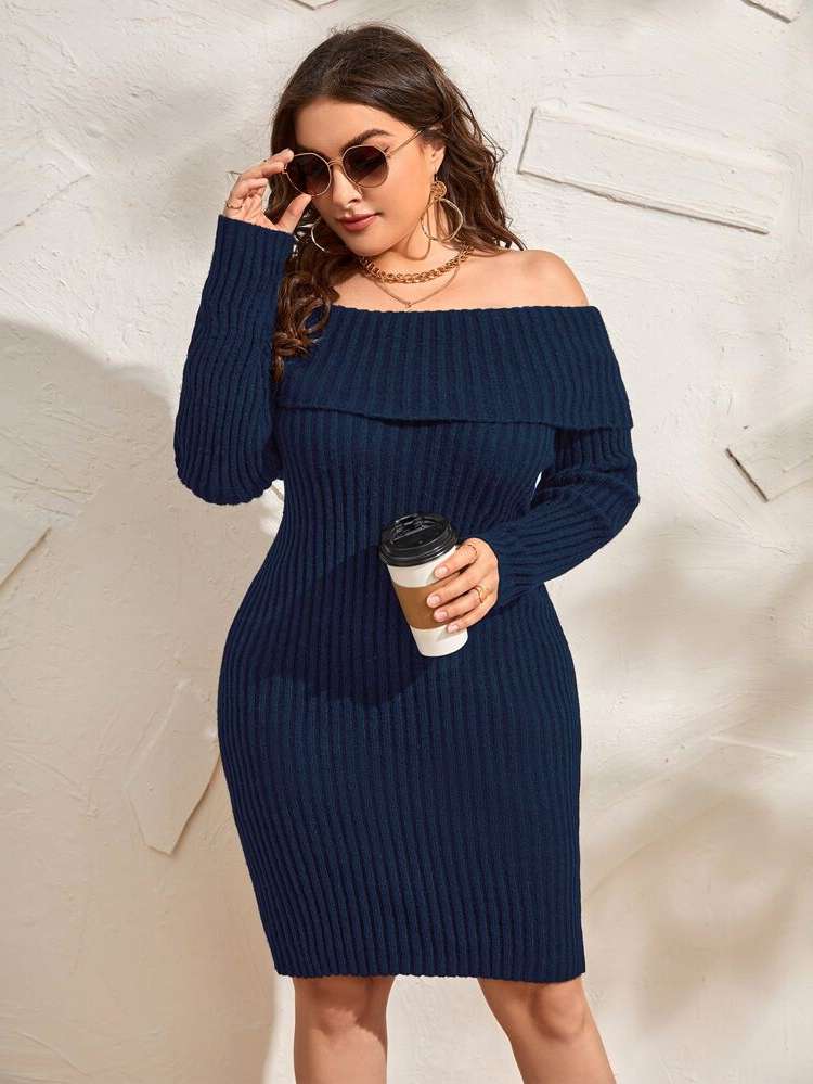  Off the Shoulder Slim Fit Plus Size Knitwear 2137