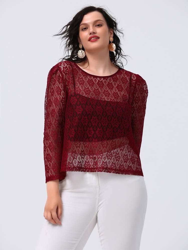 Casual Round Neck Burgundy Long Sleeve Women Plus Clothing 3953