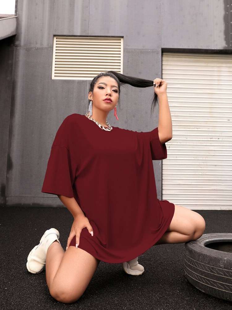 Long Burgundy Plain Plus Size T-shirts 1828