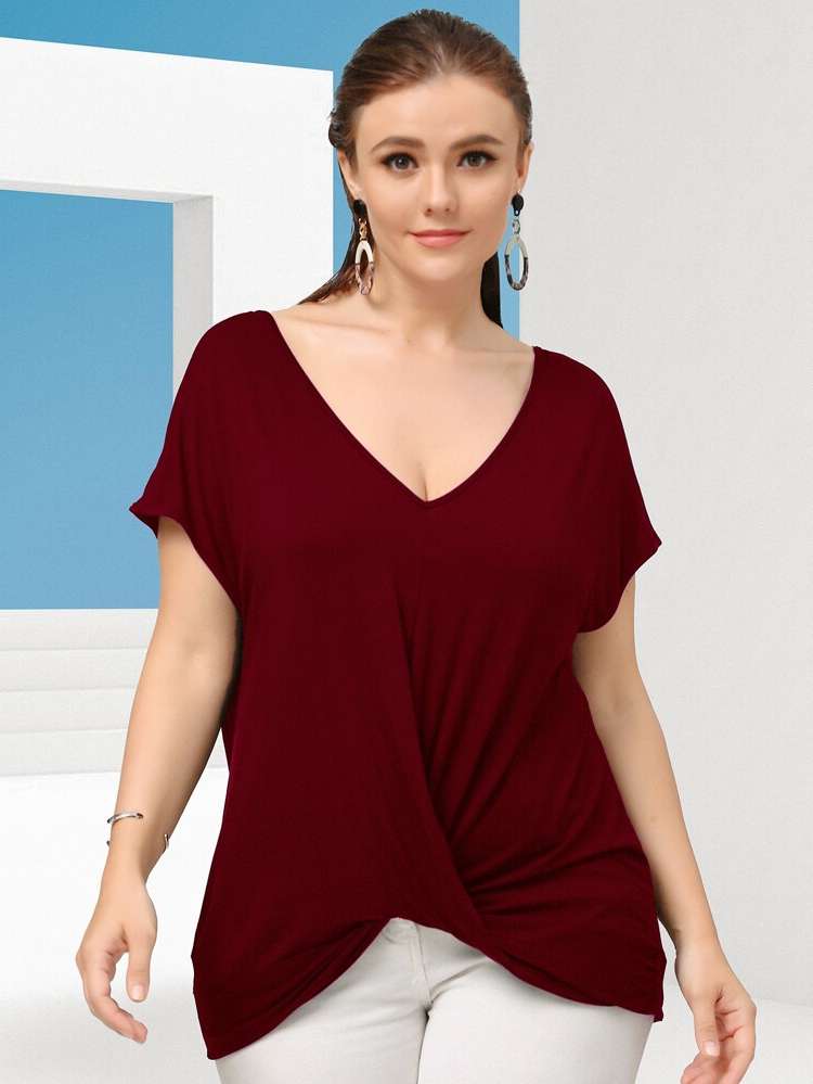 Burgundy Casual Short Sleeve Twist Plus Size T-shirts 505