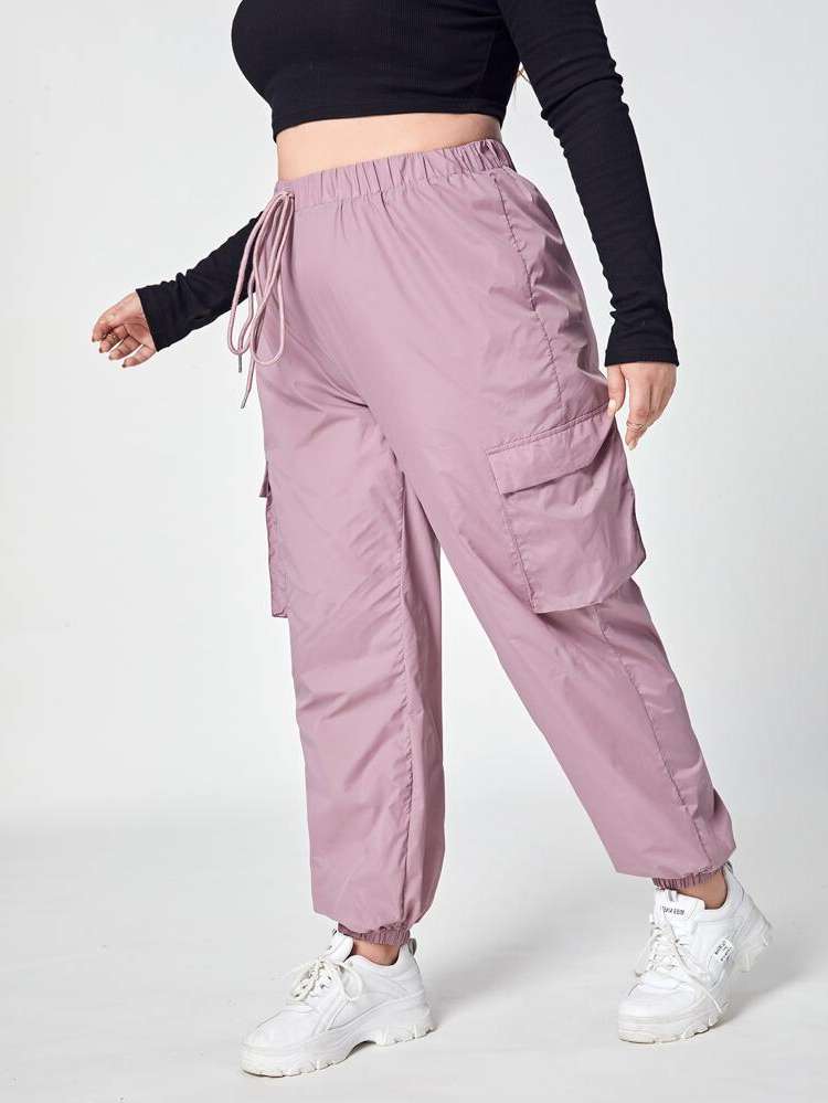 Drawstring Burgundy Plain Plus Size Pants 6837