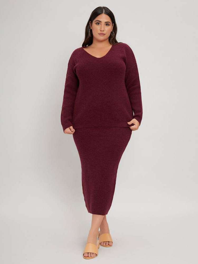 Long Sleeve Rib-Knit V neck Plain Plus Size Knitwear 644