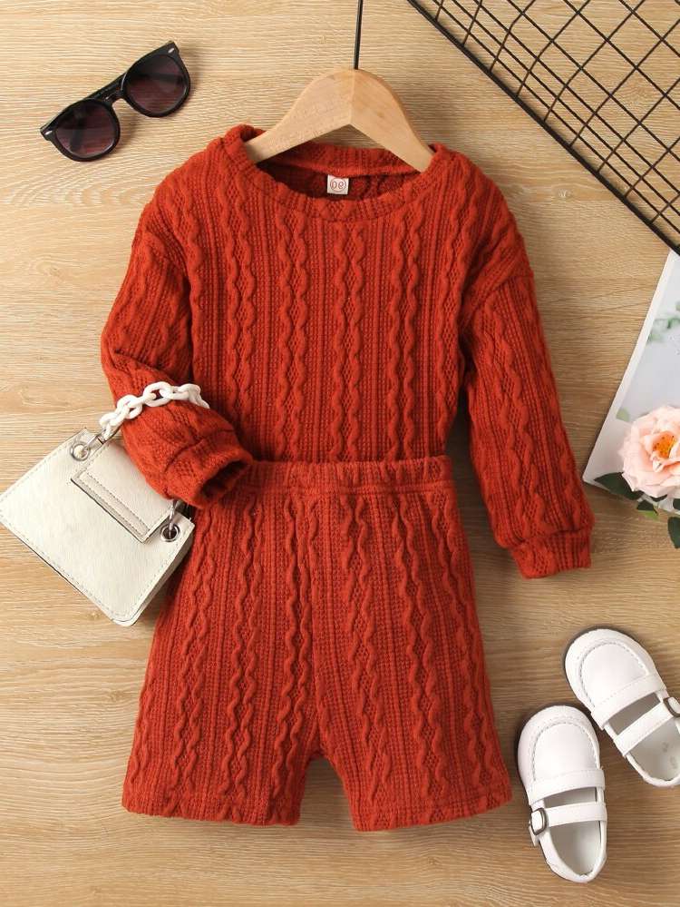 Burnt Orange Long Sleeve Plain Round Neck Kids Clothing 7246