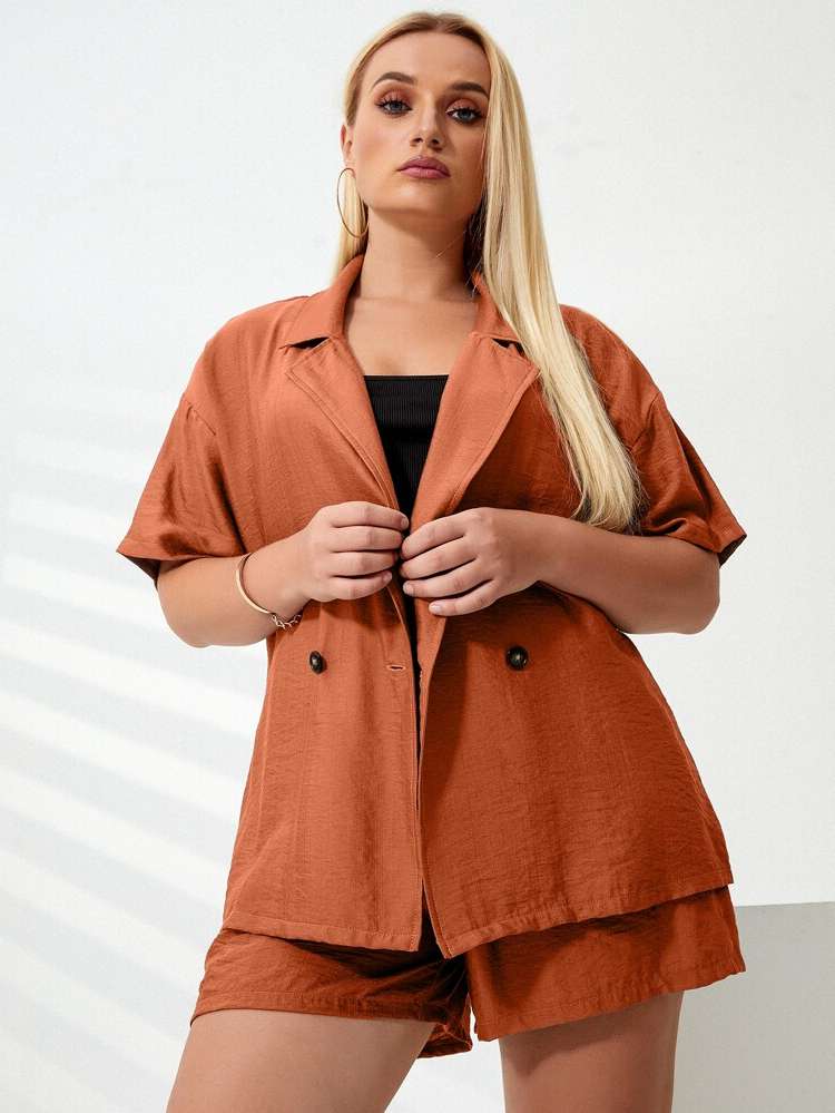 Burnt Orange Lapel Plain Double Button Plus Size Suit Sets 456