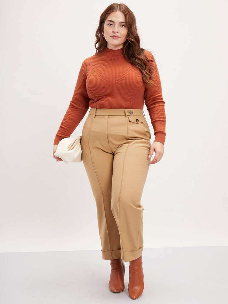  Burnt Orange Regular Stand Collar Plus Size Knitwear 564