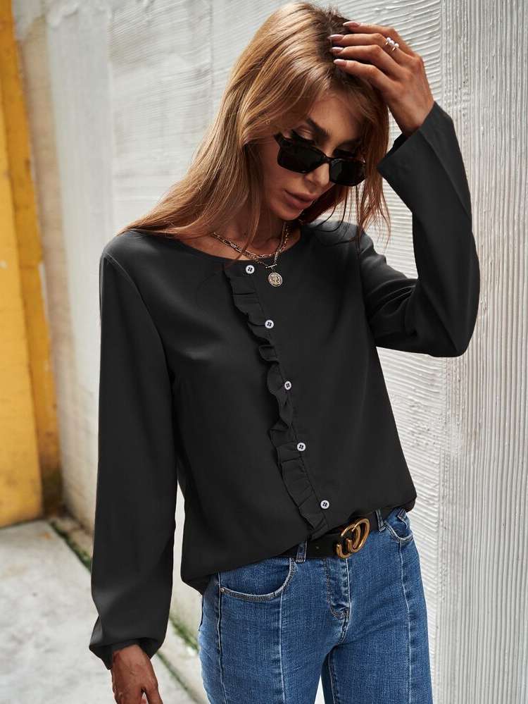 Long Sleeve Fake Buttons Casual Regular Fit Women Tops, Blouses  Tee 9438