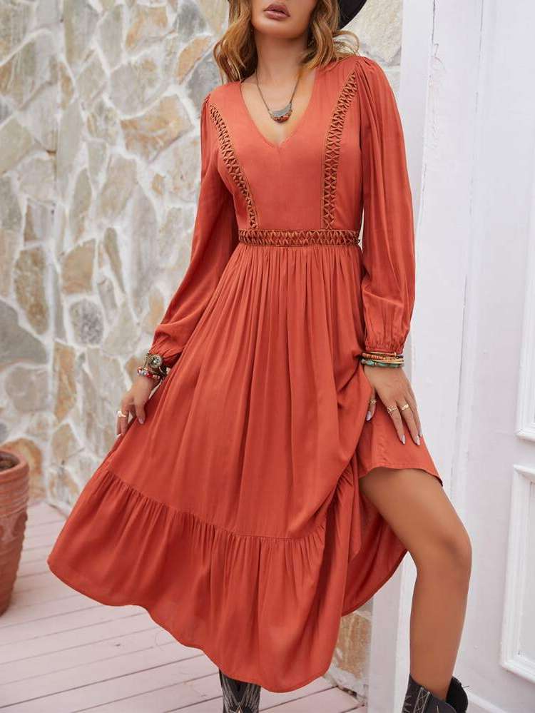 Burnt Orange Regular Fit Ruffle Hem Plain Women Dresses 3995