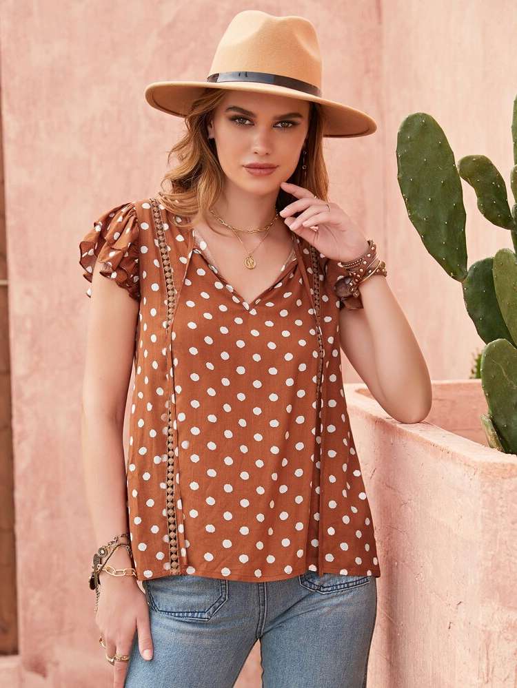 V neck Tiered Layer Polka Dot Regular Women Blouses 9557