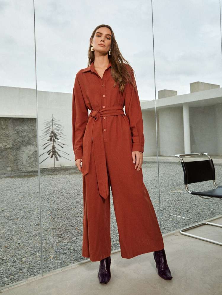  Long Belted Plain Women Jumpsuits 148