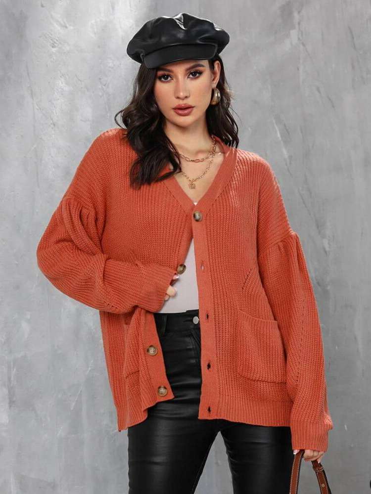 Plain Burnt Orange Rib-Knit Regular Women Knitwear 778