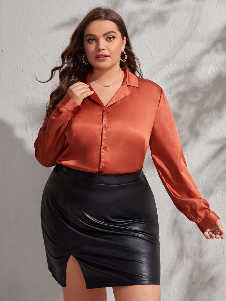  Regular Fit Lapel Button Plus Size Tops 719