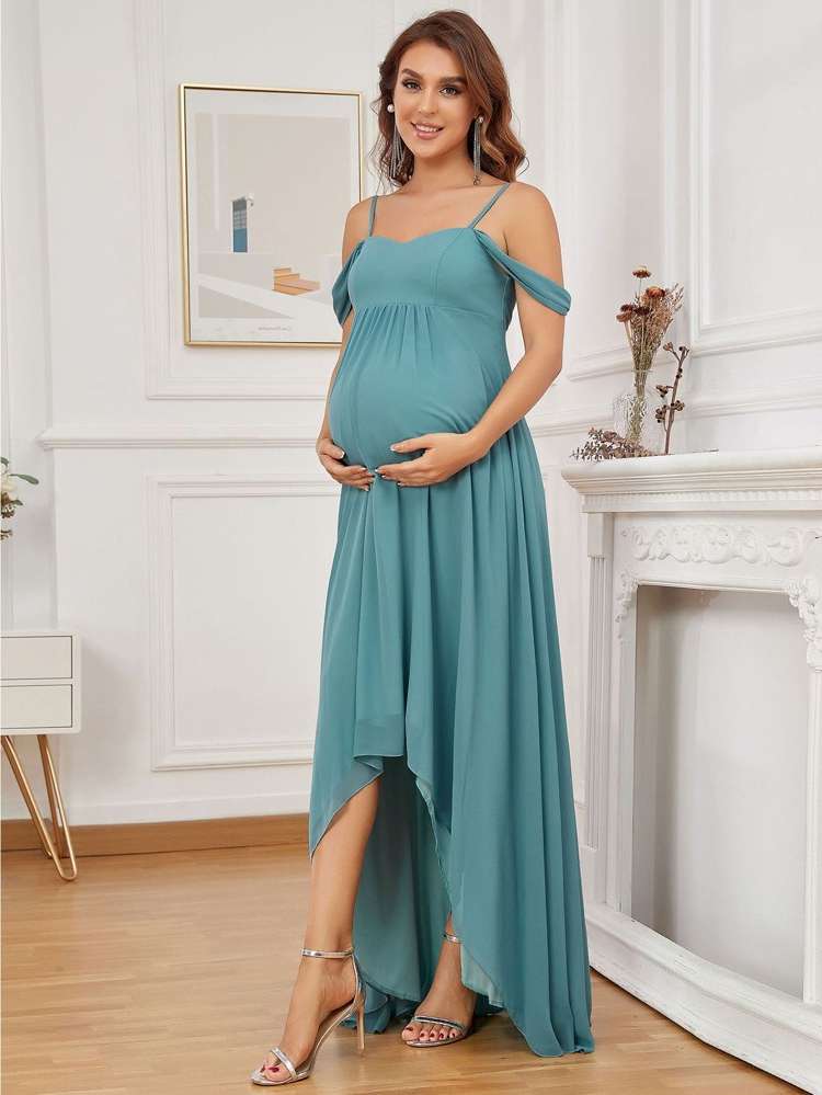 Cadet Blue Cold Shoulder Plain Maternity Dresses 6898