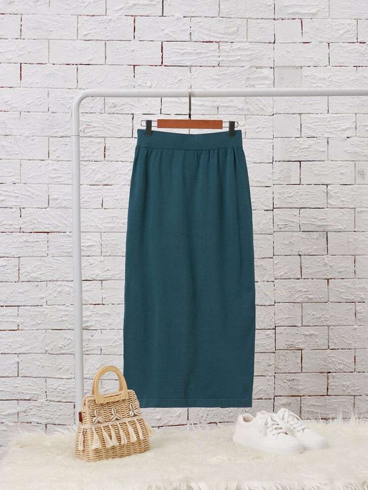 Split Cadet Blue Elegant Long Women Sweater Skirts 5332