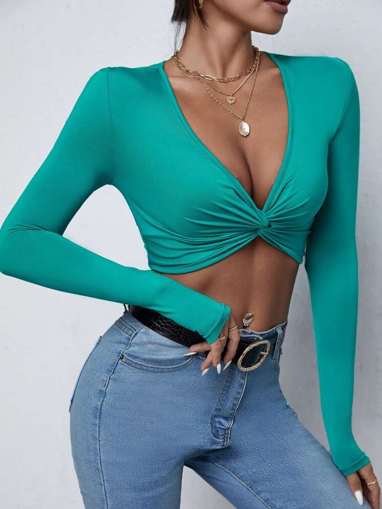  Cadet Blue Long Sleeve Deep V Neck Women Tops, Blouses  Tee 6699