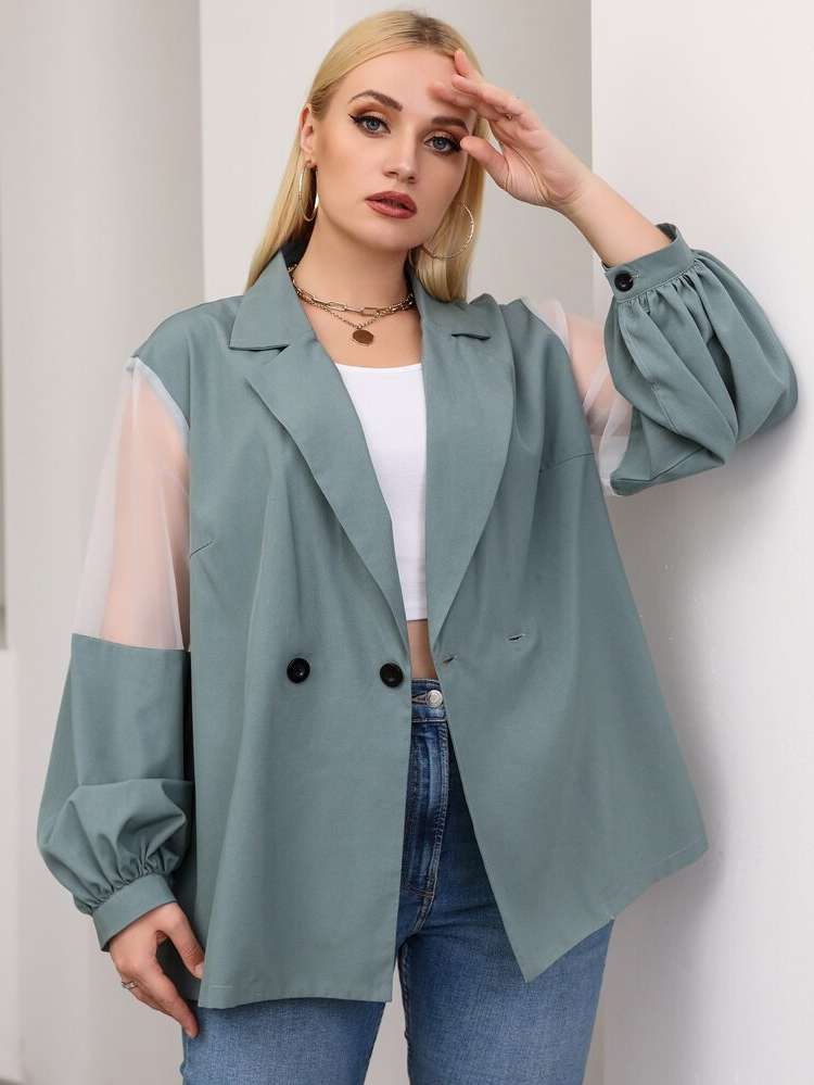  Cadet Blue Lapel Long Plus Size Blazers 4611