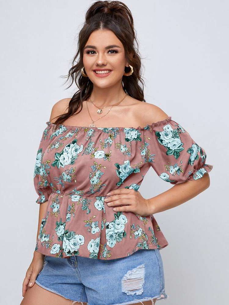 Frill Boho Floral Half Sleeve Plus Size Tops 469