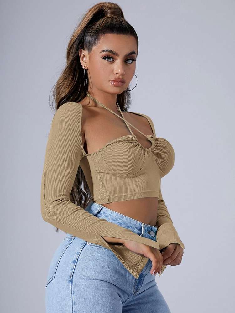 Halter Criss Cross Long Sleeve Sexy Women Clothing 27