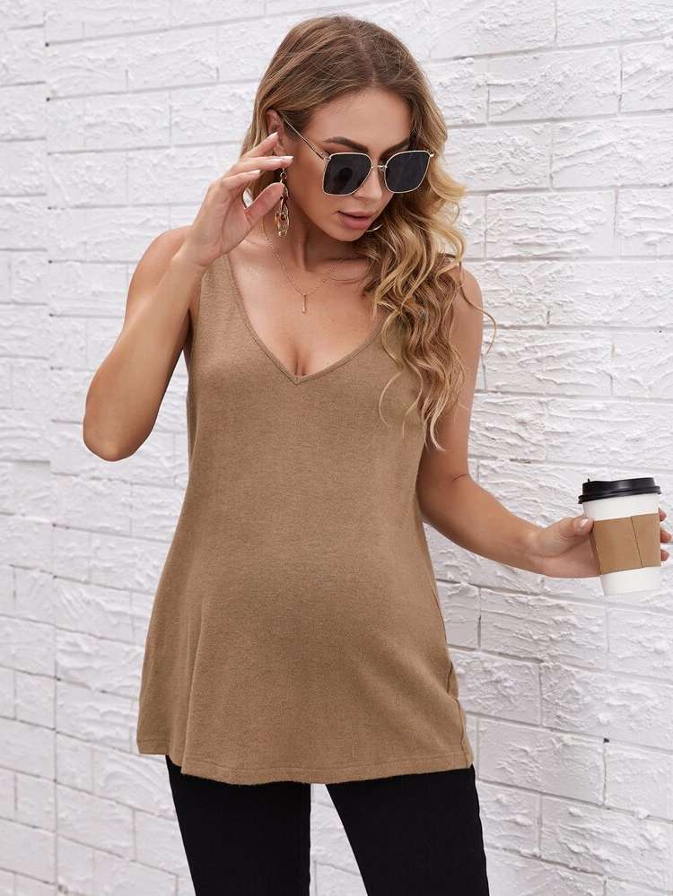  V neck Regular Plain Maternity Tank  Camis 5625