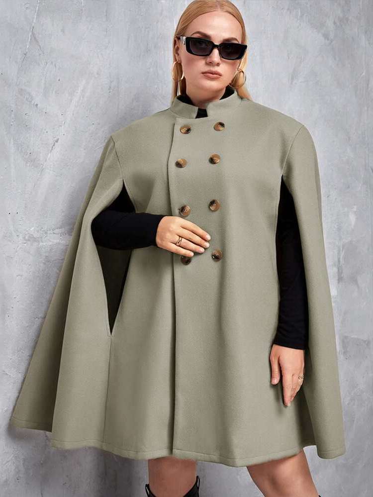 Funnel Neck Double Button Plain Plus Size Outerwears 844