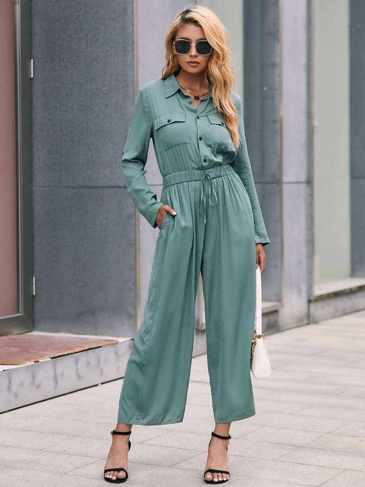 Regular Fit Elegant Plain Button Women Jumpsuits 342