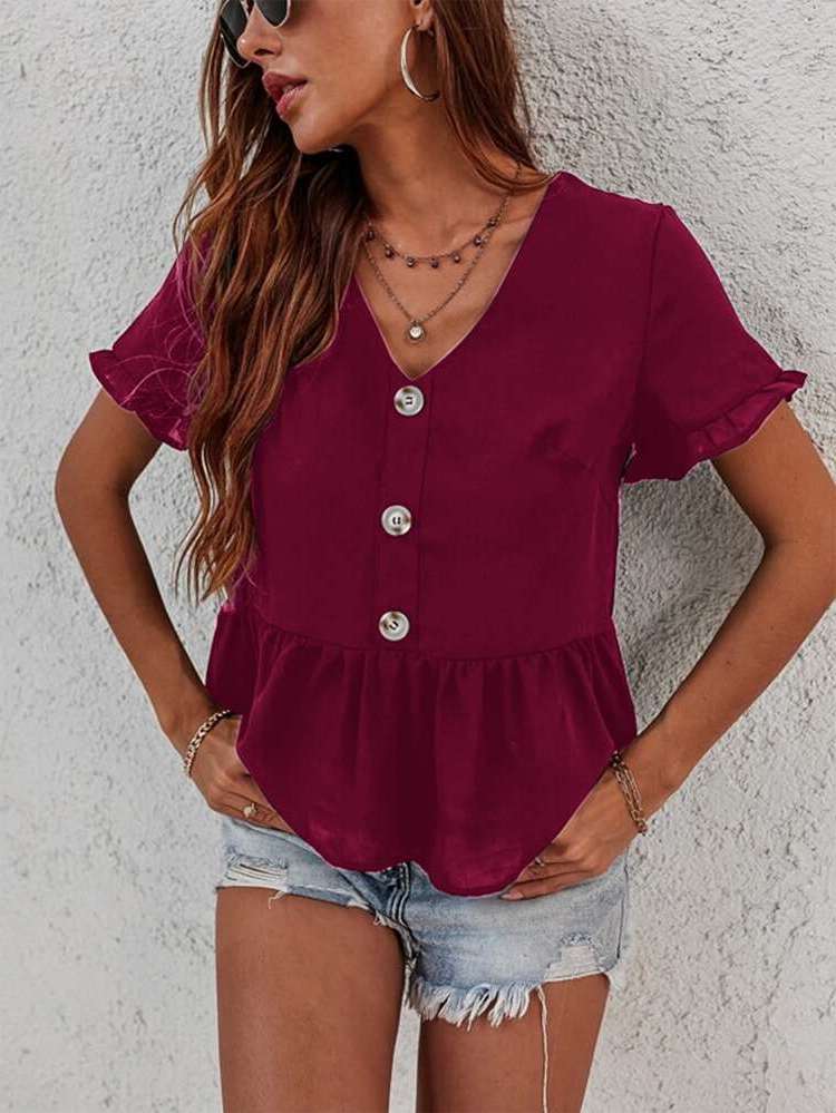 V neck Camel Short Sleeve Women Clothing 141