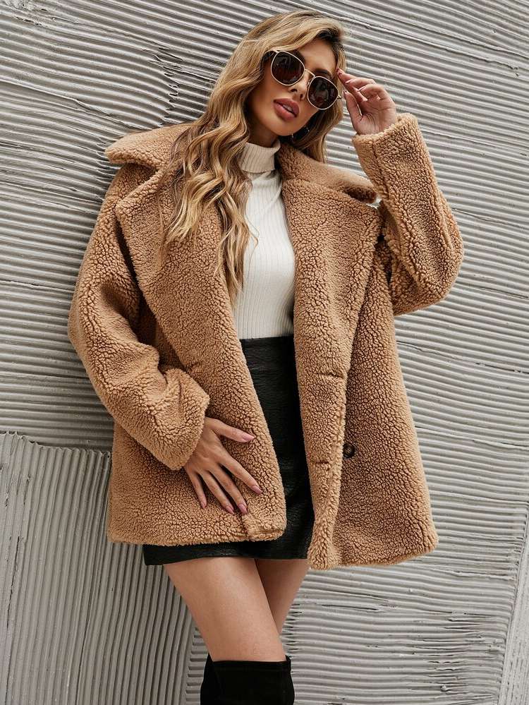 Camel Long Sleeve Lapel Short Women Coats 4561