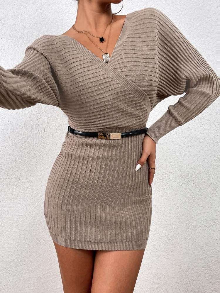 Plain Long Sleeve V neck Women Knitwear 888